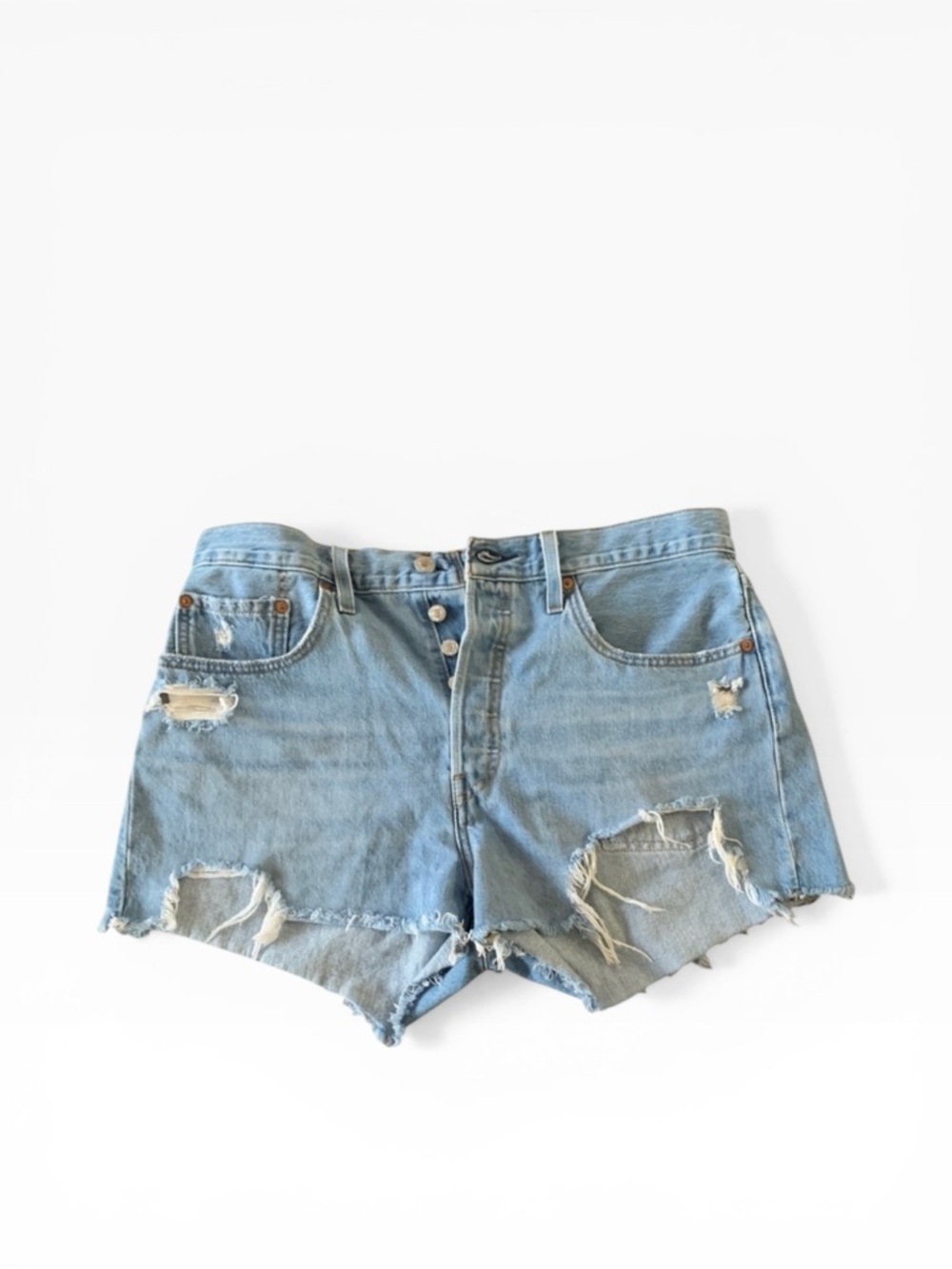 Levi’s 501 Buttonfly High Rise Super Distressed Light Wash Denim Shorts Sz 31